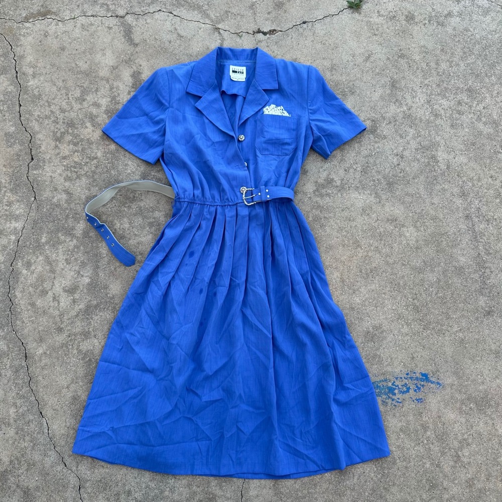 Leslie‎ Fay Petite Vintage Belted Shirt Dress Pleated Career Blue 8P